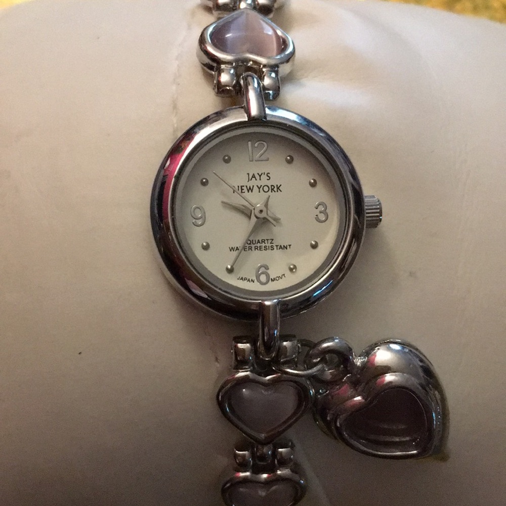 Ladies silver hearts Quartz link bracelet watch with lavender stones and locket